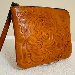 Patricia Nash Cassini Tooled Brown Leather Large Wristlet Purse Handbag Satchel
